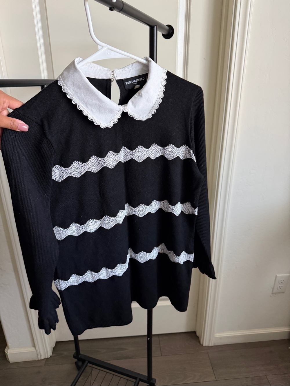 Karl Lagerfeld Black Sweater with White Lace Collar and Trim